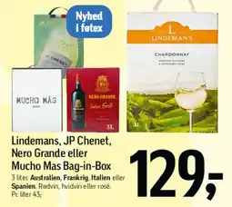 Føtex Lindemans, JP Chenet, Nero Grande eller Mucho Mas Bag-in-Box tilbud
