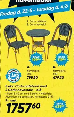Bilka Corlu café bord med 2 Corlu havestole - blå tilbud