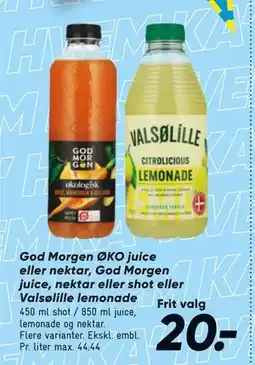 Bilka God Morgen ØKO juice eller nektar, God Morgen juice, nektar eller shot eller Valsølille lemonade tilbud