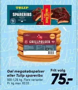 Bilka Gøl megakøbspølser eller Tulip spareribs tilbud