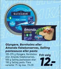 Bilka Glyngøre, Bornholms eller Amanda fiskekonserves, Salling pastasauce eller pesto tilbud
