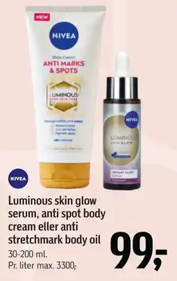 Føtex Luminous skin glow serum, anti spot body cream eller anti stretchmark body oil tilbud