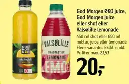 Føtex God Morgen ØKO juice, God Morgen juice eller shot eller Valsølille lemonade tilbud