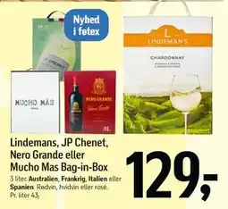 Føtex Lindemans, JP Chenet, Nero Grande eller Mucho Mas Bag-in-Box tilbud