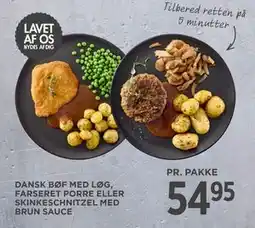 MENY DANSK BØF MED LØG, FARSERET PORRE ELLER SKINKESCHNITZEL MED BRUN SAUCE tilbud
