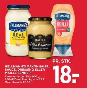 MENY HELLMANN’S MAYONNAISE, SAUCE, DRESSING ELLER MAILLE SENNEP tilbud
