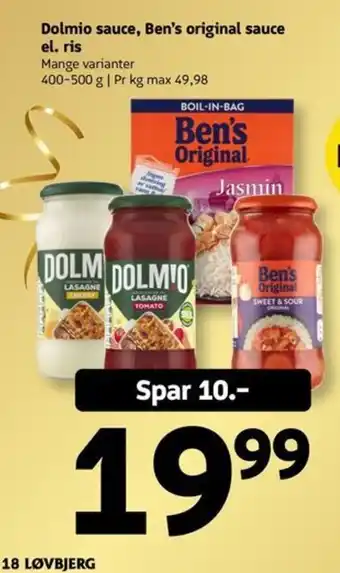 Løvbjerg Dolmio sauce, Ben's original sauce el. ris tilbud