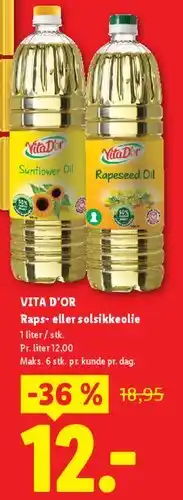 Lidl VITA D'OR - Raps- eller solsikkeolie tilbud