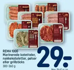 REMA 1000 REMA 1000 Marinerede koteletter, nakkekoteletter, pølser eller grillsticks tilbud