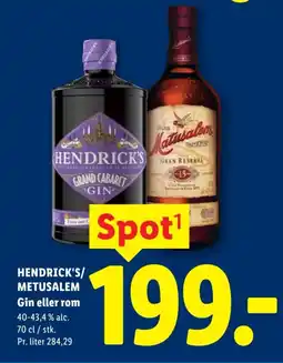 Lidl HENDRICK'S/ METUSALEM Gin eller rom tilbud