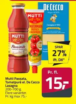 Fleggaard Mutti Passata, Tomatpuré el. De Cecco Lasagna tilbud
