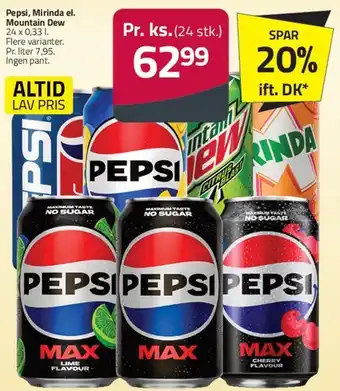 Fleggaard Pepsi / Mirinda / Mountain Dew (dåser) tilbud