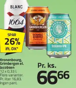 Fleggaard Kronenbourg 1664 / Grimbergen / Jacobsen 12 x 0,33 l tilbud