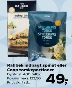 Kvickly Rahbek indbagt spinat eller Coop torskeportioner tilbud