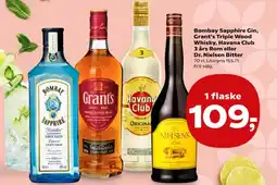 Kvickly Bombay Sapphire Gin, Grant's Triple Wood Whisky, Havana Club 3 års Rom eller Dr. Nielsen Bitter tilbud