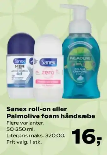 Kvickly Sanex roll-on eller Palmolive foam håndsæbe tilbud