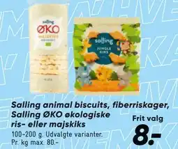 Bilka Salling animal biscuits, fiberriskager, Salling ØKO økologiske ris- eller majskiks tilbud