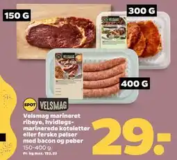 Netto Velsmag marineret ribeye, hvidløgsmarinerede koteletter eller ferske pølser med bacon og peber tilbud