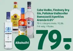 Coop 365 Cuba Vodka / Finsbury Dry Gin / Poliakov Vodka eller Ramazzotti Aperitivo Arancio 0.0% tilbud