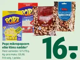 Coop 365 Popz mikropopcorn eller Kims nødder tilbud