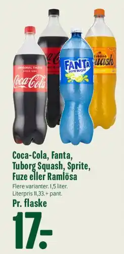 Min Købmand Coca‑Cola, Fanta, Tuborg Squash, Sprite, Fuze eller Ramlösa (flaske) tilbud