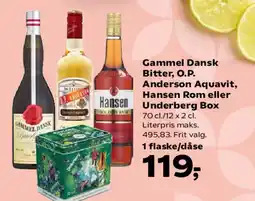 Kvickly Gammel Dansk Bitter, O.P. Anderson Aquavit, Hansen Rom eller Underberg Box tilbud