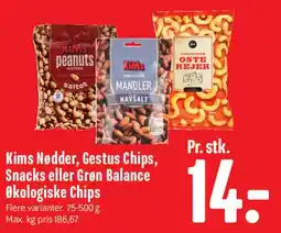 Min Købmand Kims Nødder, Gestus Chips, Snacks eller Grøn Balance Økologiske Chips tilbud