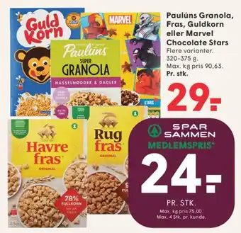 SPAR Paulúns Granola, Fras, GuldKorn eller Marvel Chocolate Stars tilbud