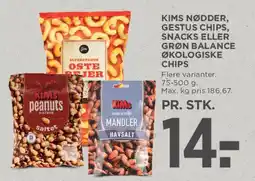 MENY Kims nødder / Gestus chips / snacks / Grøn Balance økologiske chips tilbud