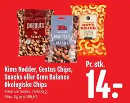 Min Købmand Kims Nødder, Gestus Chips, Snacks eller Grøn Balance Økologiske Chips tilbud