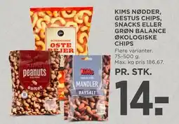 MENY KIMS NØDDER, GESTUS CHIPS, SNACKS ELLER GRØN BALANCE ØKOLOGISKE CHIPS tilbud