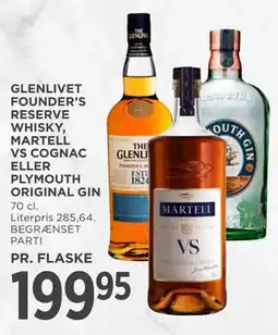 MENY GLENLIVET FOUNDER’S RESERVE WHISKY, MARTELL VS COGNAC ELLER PLYMOUTH ORIGINAL GIN tilbud