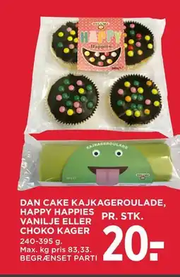 MENY DAN CAKE KAJKAGEROULADE, HAPPY HAPPIES VANILJE ELLER CHOKO KAGER tilbud