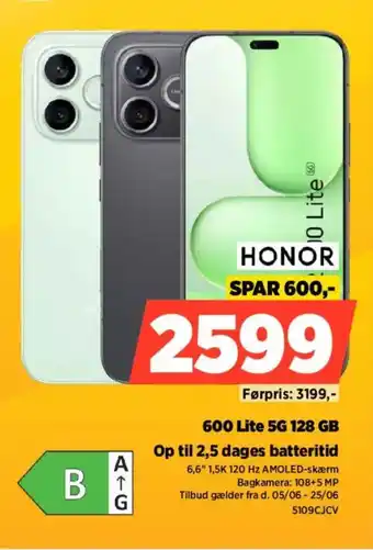 Power HONOR 600 Lite 5G 128 GB Op til 2,5 dages batteritid tilbud