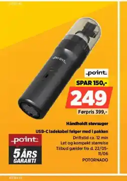 Power Point håndholdt støvsuger usb-c ladekabel følger med i pakken tilbud