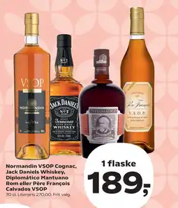 Kvickly Normandin VSOP Cognac, Jack Daniels Whiskey, Diplomático Mantuano Rom eller Père François Calvados VSOP tilbud