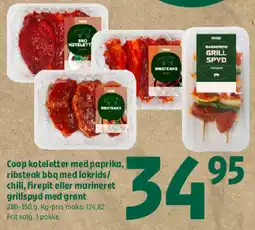 Coop 365 Coop koteletter med paprika, ribsteak bbq med lakrids/ chili, firepit eller marineret grillspyd med grønt tilbud
