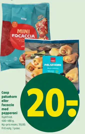 Coop 365 Coop pølsehorn eller focaccia med pepperoni tilbud