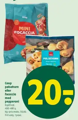 Coop 365 Coop pølsehorn eller focaccia med pepperoni tilbud