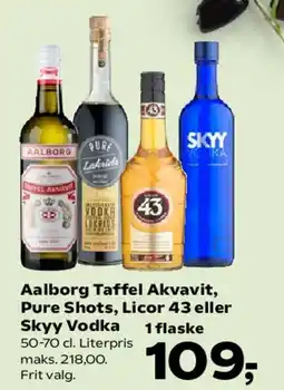 SuperBrugsen Aalborg Taffel Akvavit, Pure Shots, Licor 43 eller Skyy Vodka tilbud