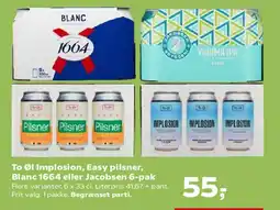 Kvickly To Øl Implosion, Easy Pilsner, Blanc 1664 eller Jacobsen 6-pak tilbud