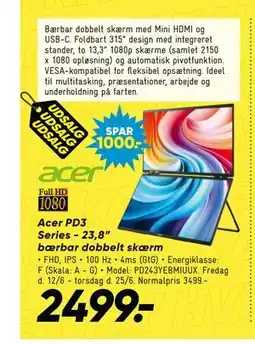 Bilka Acer PD3 Series - 23,8” bærbar dobbelt skærm tilbud