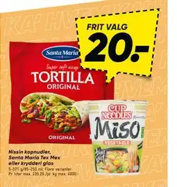 Bilka Nissin kopnudler, Santa Maria Tex Mex eller krydderi glas tilbud