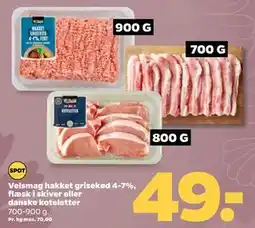Netto Velsmag hakket grisekød 4-7%, flæsk i skiver eller danske koteletter tilbud