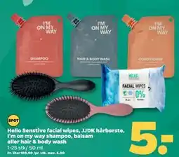 Netto Hello Senstive facial wipes, JJDK hårbørste, I'm on my way shampoo, balsam eller hair & body wash tilbud