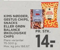 MENY Kims nødder / Gestus chips / Grøn Balance økologiske chips tilbud