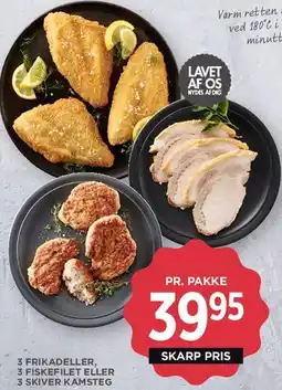 MENY 3 frikadeller / fiskefilet eller 3 skiver kamsteg (pr. pakke) tilbud