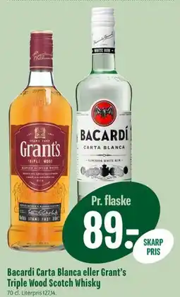 Min Købmand Bacardi Carta Blanca eller Grant's Triple Wood Scotch Whisky tilbud
