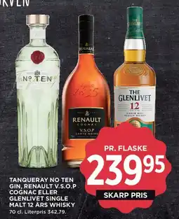 MENY Tanqueray No Ten, Renault V.S.O.P eller Glenlivet 12 års whisky tilbud