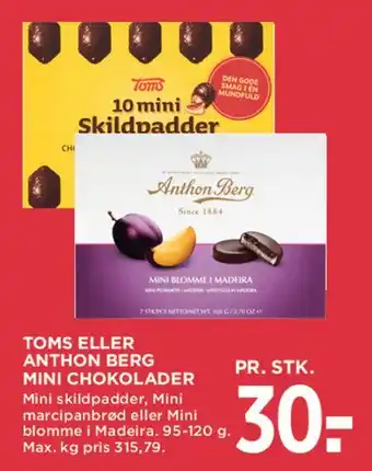 MENY Toms eller Anthon Berg mini chokolader tilbud